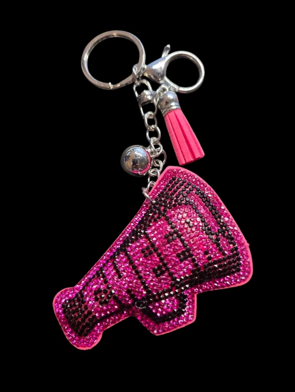 Pink And Black Rhinestone 'CHEER' Megaphone Keychain with Pink Tassel